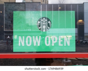 Ottawa Ontario Canada July 1 2020. Covid-19 Starbucks Now Open Signage On Rideau Street Downtown Ottawa.