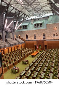 Ottawa, Ontario, Canada - July 13, 2019: The Parliament Hill West Block. The Interim House Of Commons Chamber. Empty Canadian Parliament.