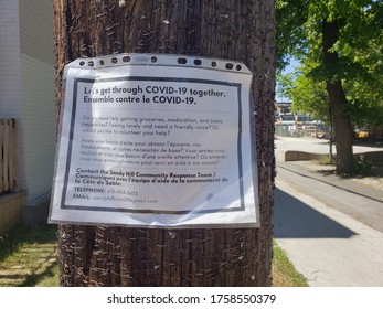 Ottawa Ontario Canada June 16 2020. Sandy Hill Community Response Team Sign Pinned To A Telephone Pole Advertising Help Through The Covid-19 Pandemic.