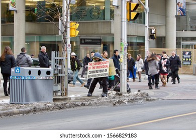 Ottawa Ontario Canada November21/2019 Man Holding Sovereignty Sign Protest In Street, Demonstration, Rally, Free Speech, On Bank Street