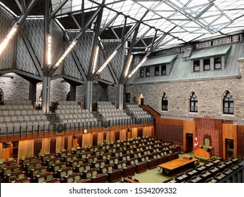 Ottawa, Ontario, Canada. October 13 2019: An Empty House Of Commons Chamber Before The 2019 Canadian Federal Election.