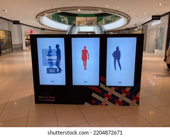 Ottawa Ontario Canada September 21 2022. Rideau Centre Shopping Mall Interior Digital Video Advertising Kiosk Sign Reading Shop The Look Tap To Begin.