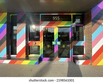 Ottawa Ontario Canada September 4 2022. Landsdowne Park Stadium TD Bank Entrance Decorated With Gay Pride Parade Colours.