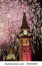 Ottawa Parliament During The Fireworks Display On Canada Day.