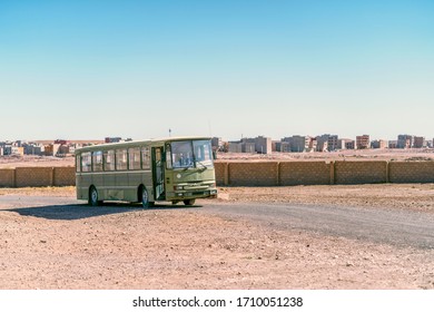 Ouarzazate, Morocco - March 18, 2020: Green Bus Used As A Props In Cinema Atlas Studios