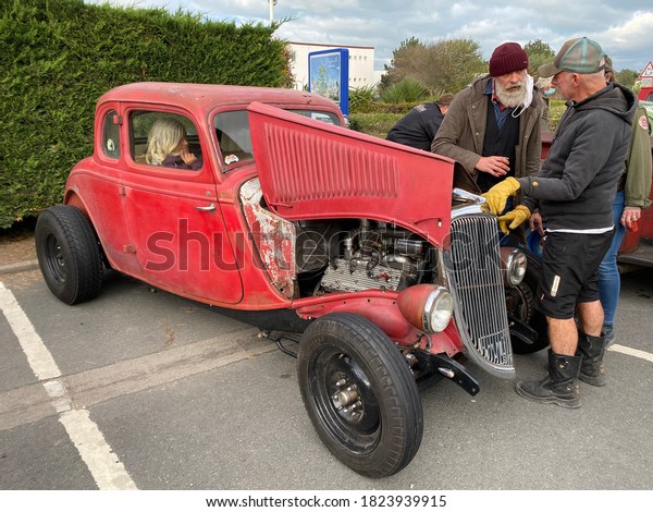 Ouistreham, France September 26, 2020\
Old Ford car model at a car rally in Normandy,\
France