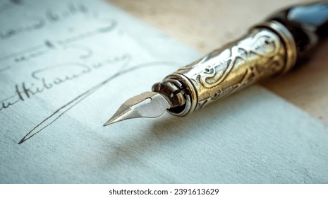 ountain pen on an antique handwritten letter. Vintage nib pen and handwritten english  font copperplate, spencerian. Old history background. Retro style. - Powered by Shutterstock