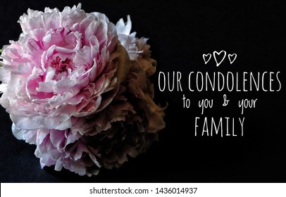 Our Condolences To You & Your Family Sympathy Card. Pink Peony On Black Background