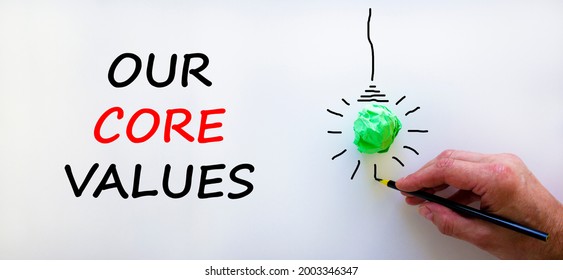 Our Core Values Symbol. Businessman Writing Words 'Our Core Values', Isolated On Beautiful White Background. Light Bulb Icon. Business And Our Core Values Concept. Copy Space.