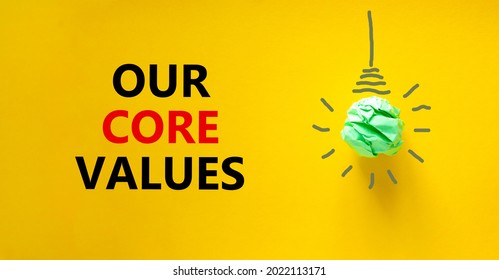 Our Core Values Symbol. Green Shining Light Bulb Icon. Words 'Our Core Values'. Beautiful Yellow Background. Light Bulb Icon. Business And Our Core Values Concept. Copy Space.