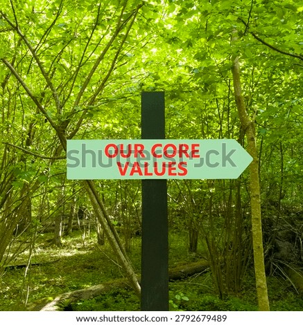 Our core values words symbol. Concept words Our core values on beautiful green road sign. Beautiful green forest background. Business our core values motivational support concept. Copy space.