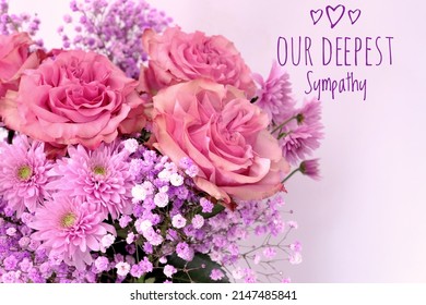 Our Deepest Sympathy Card. Lovely Purple And Pink Flowers On Pastel Background With Text