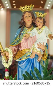 Our Lady help of Christians catholic Virgin Mary and Child Jesus religious statue at St. Don Bosco church Bangkok, May 2022
