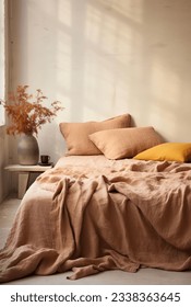 Our Warm Tones Bedroom photograph showcases a blend of earthy colors and natural textures, creating a cozy Mediterranean-inspired space adorned with warm autumn hues. - Shutterstock ID 2338363645