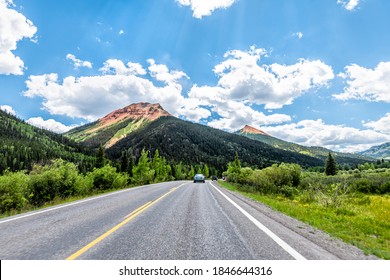 Ouray, Colorado Scenic Byway In Summer Million Dollar Highway 550 Road Driving Pov And Engineer Mountain Peak To Durango And Silverton