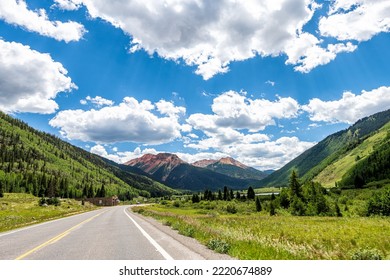 Ouray, Colorado Scenic Byway In Summer Million Dollar Highway 550 Road Driving Point Of View And Engineer Mountain Peak To Durango And Silverton