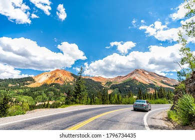 Ouray, USA - August 14, 2019: Car Vehicle On Scenic Summer Million Dollar Highway 550 Road In Colorado Driving Pov And Engineer Mountain Peak To Durango