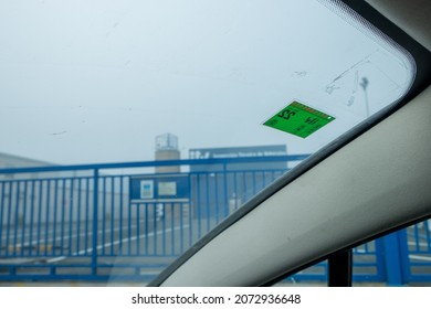 Ourense, Spain. 11-09-2021: Windscreen Of A Car With The ITV Sticker, Leaving The Inspection Site