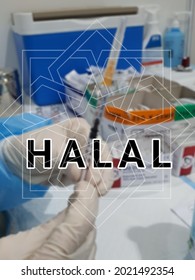 Out Of Focus Background With Shadowy Arabic Art Design. Wording HALAL. Hands Hold Syringe Contained Covid-19 Vaccine. Concept Halal Vaccine For Muslim.