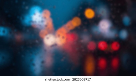Out of focus city lights create a beautiful bokeh effect with vibrant blue, orange, and red colors, suggesting a lively urban atmosphere.