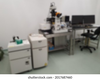 Out of focus of confocal microscopy. Concept research facility or equipment. Biotechnology laboratory. Blurred. Malaysia. July 2021