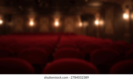 An out of focus perspective of rows of empty red velvet chairs inside a dark theater hall with glowing wall lights