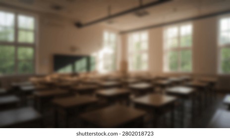 An out of focus view of an empty vintage classroom featuring rows of wooden desks and large windows with natural light