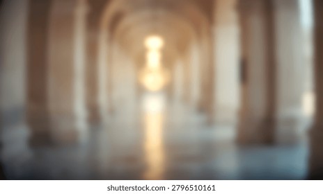 An out of focus view of a long classical hallway featuring arched ceilings and marble pillars with warm lighting
