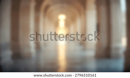 An out of focus view of a long classical hallway featuring arched ceilings and marble pillars with warm lighting
