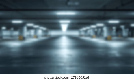 Out of focus view of a modern empty subterranean parking lot with symmetrical columns and bright fluorescent lighting