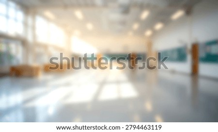 An out of focus view of a modern empty school corridor or office lobby with bright natural light and reflective floors