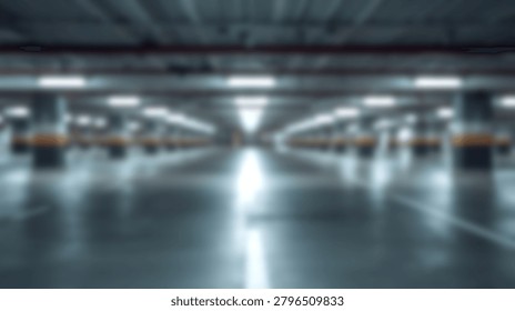 Out of focus view of a spacious empty subterranean parking lot with symmetrical rows of pillars and bright ceiling lights
