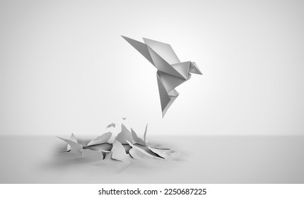 Out Of Nowhere concept of birth or rebirth as an origami bird emerging from a flat paper as a symbol of creativity and metamorphosis as a business success and an icon of change and transformation