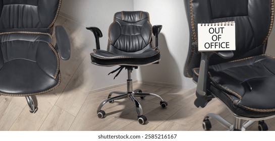 Out Of Office message on notepad with a office chair.