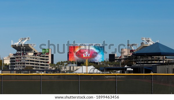 Out side the stadium of\
Super Bowl LV at the Raymond James Stadium in Tampa, Florida\
January 21, 2021