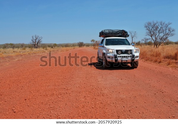 OUTBACK AUSTRALIA - OCT 09 2019: Toyota - Land\
Cruiser (120) Prado in a remote location during a road trip in\
Australia.Toyota Land Cruiser model is Toyota\'s longest running\
series of models