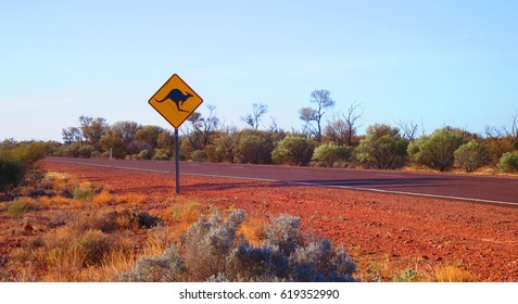 Outback Australian Famous Iconic Kangaroo Motorway Road Sign Taken In The Desert On The Stuart Highway In South Australia, SA