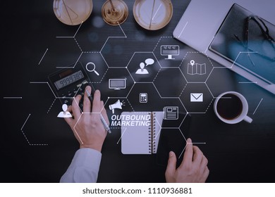 Outbound Marketing Business Virtual Dashboard With Offline Or Interruption Marketing.justice And Law Concept.businessman Or Lawyer Or Accountant Working On Accounts Using A Calculator 