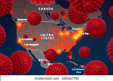 Outbreaks In In The United States Of America, Canada, Mexico. Map With Foci Of Infection Covid-19 SARS-CoV-2