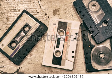 Outdated audio cassette tapes. Toned. Retro style.