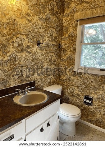 Outdated Bathroom with loud wallpaper
