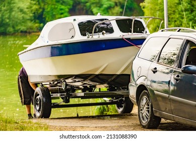 Outdoor Activities. Small Yacht On Car Trailer. Boat Launch