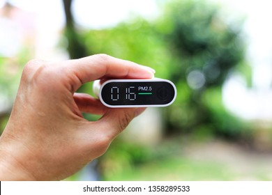 Outdoor Air Quality Measurement. Pm2.5 (particulate Matter) Sensors Detecting Small Dust In The Atmosphere. Good Air With Little Dust In The Air. Park, Garden And Tree Reduce Air Pollution.