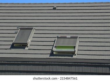 Outdoor automatic sliding canopy retractable roof system, skylight window blinds, awning for sunshade of a modern passive house.