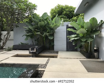 Outdoor Backyard With Rain Shower And Fountain Garden