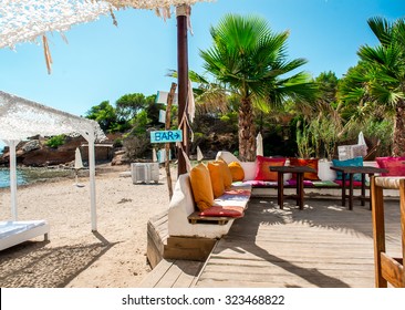 Outdoor bar on the beach of Ibiza. Balearic Islands. Spain 