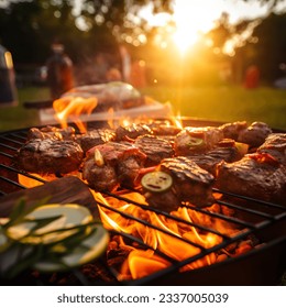 Outdoor barbecue, grill, roasted beef, sausages, summer, sunset, fun, vacation, beer, celebration - Shutterstock ID 2337005039