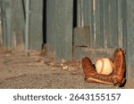 Outdoor baseball and mitt resting against a green wooden fence. Shot in the evening for long shadows. Vintage and rustic to invoke childhood memories. 58mm. I left lots of copy space.