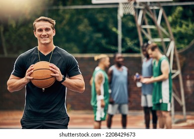Outdoor basketball court, coach and happy man portrait training, collaboration and sports for college athlete team, professional player and fitness group. Proud, smile and teaching expert game skills - Powered by Shutterstock