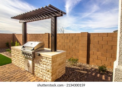 Outdoor BBQ Station With Stainless Steel Gas Grill - Shutterstock ID 2134300159
